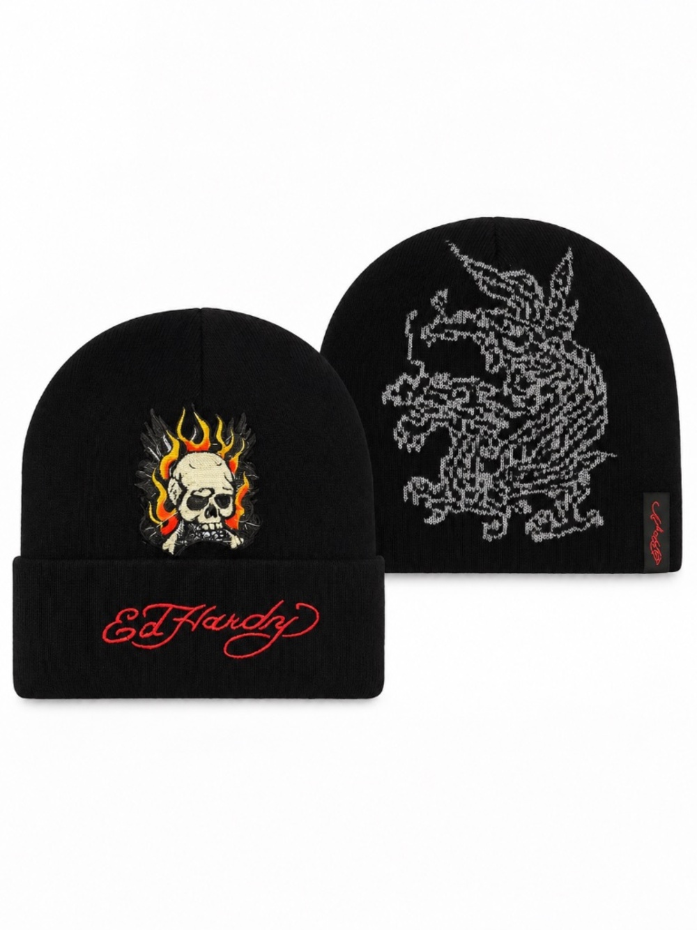 Ed Hardy Skull & Dragon Beanie Set 2-Pack Knit Black Embroidered Logo Hat NWT
